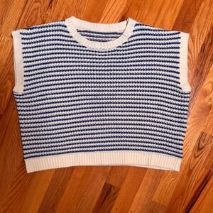 Knit Mix Women Blue White Striped Sweater Vest Sleeveless Crew Neck Small